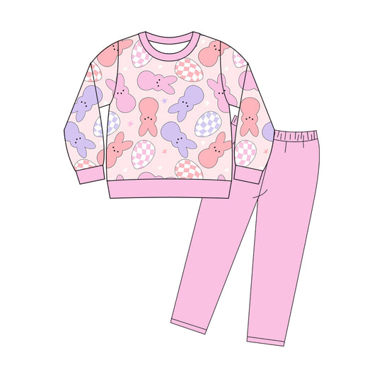 MOQ 5 PCS Preorder GLP3189 Easter Bunny Colored Eggs Pink Long Sleeve Pants Girls Sets 202511