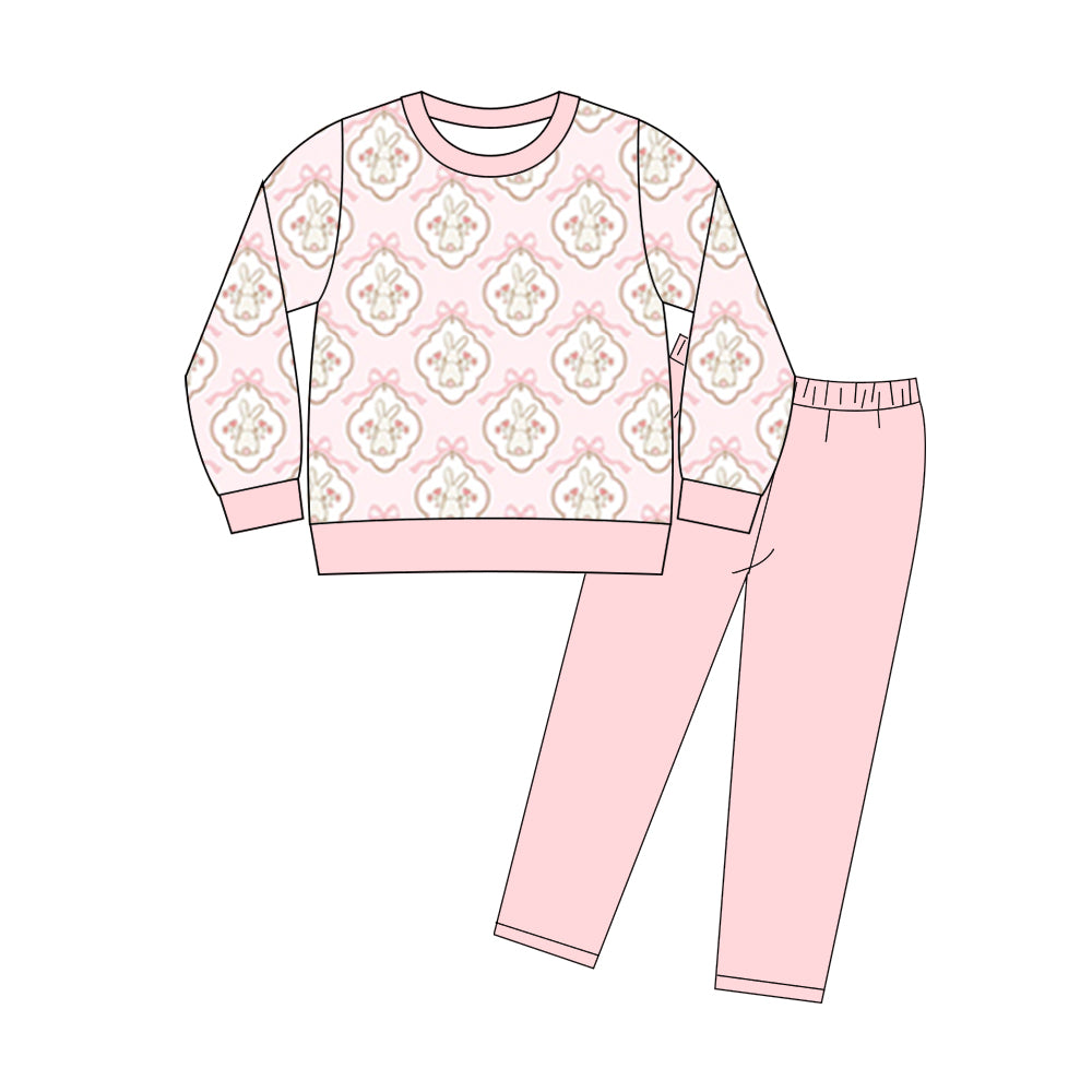 MOQ 5 PCS Preorder GLP3191 Easter Bunny Flower Bows Pink Long Sleeve Pants Girls Sets 202511
