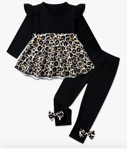MOQ 5 PCS Preorder GLP3195 Leopard Black Ruffle Long Sleeve Pants Girls Sets 202511