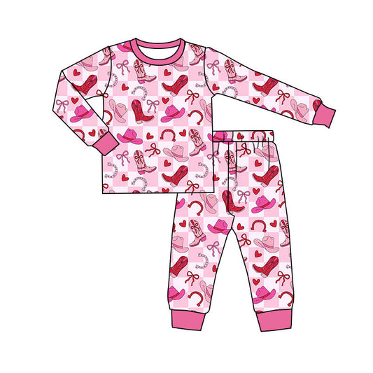 MOQ 5 PCS Preorder GLP3198 Valentines Day Cowboy Hat Boots Love Bow Rose Red Long Sleeve Pants Girls Pajama Set 202511