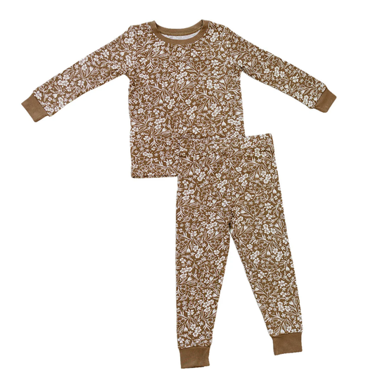 MOQ 5 PCS Preorder GLP3202 Flower Leaf Brown Long Sleeve Pants Girls Pajama Set 202511