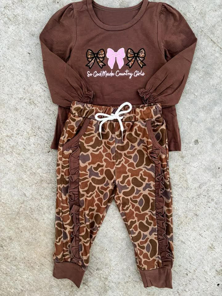 MOQ 5 PCS Preorder GLP3206 Country Girls Camouflage Bow Brown Long Sleeve Pants Girls Sets 202511