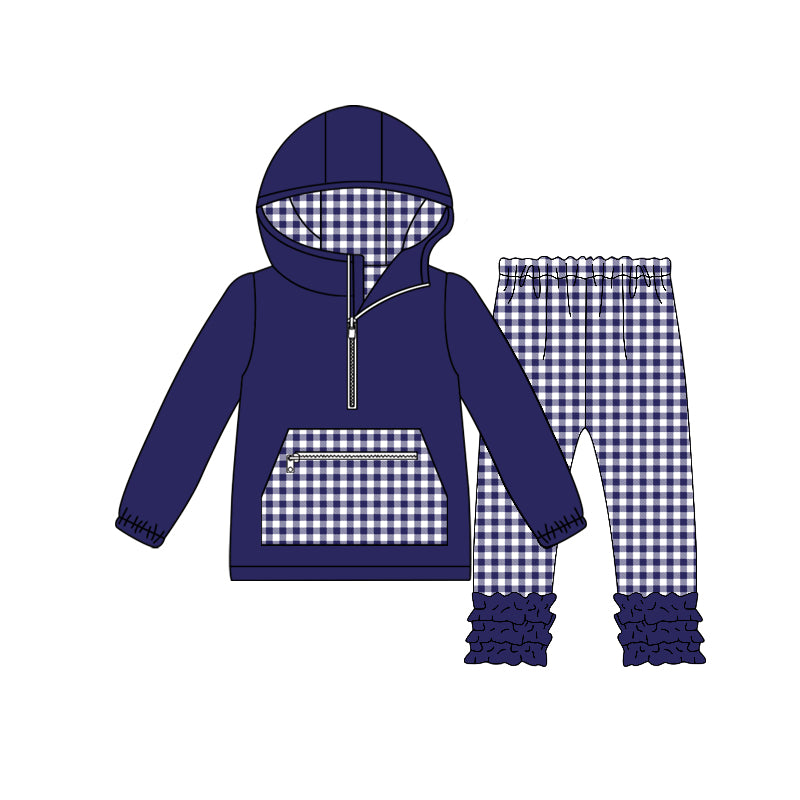 MOQ 5 PCS Preorder GLP3212 Navy Plaid Pocket Hooded Long Sleeve Pants Girls Sets 202511