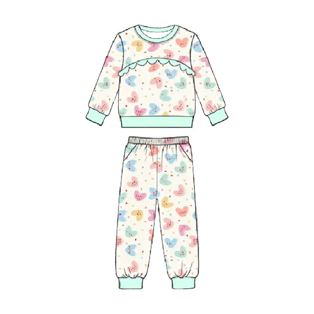 MOQ 5 PCS Preorder GLP3215 Valentines Day Love Light Green Ruffle Long Sleeve Pants Girls Sets 202511