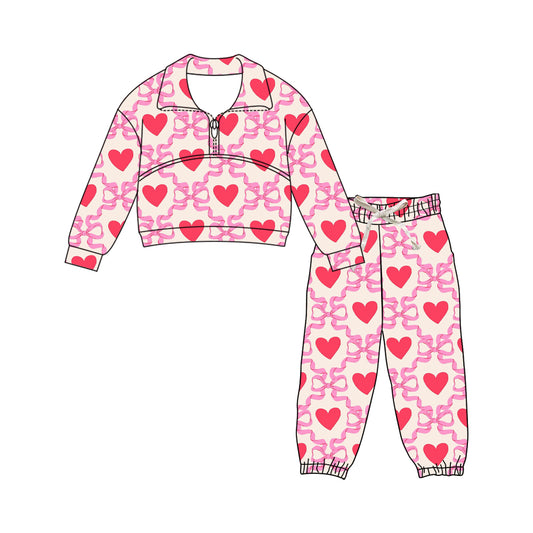 MOQ 5 PCS Preorder GLP3219 Valentines Day Love Bows Zip Collar Long Sleeve Pants Girls Sets 202511