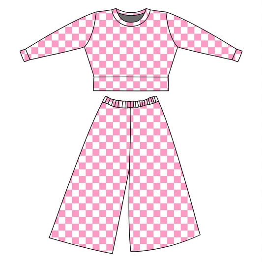 MOQ 5 PCS Preorder GLP3225 Pink Plaid Long Sleeve Pants Girls Sets 202511