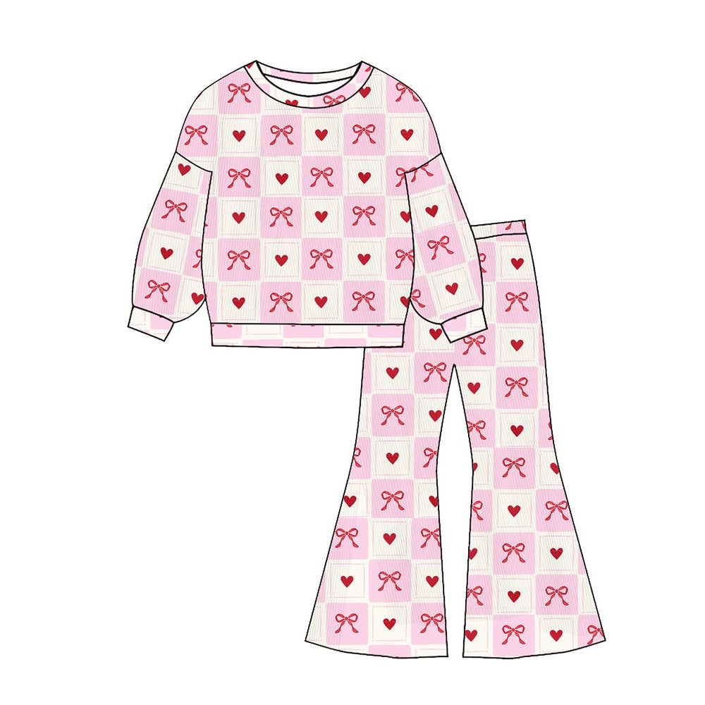 MOQ 5 PCS Preorder GLP3230 Valentines Day Love Bows Plaid Pink Long Sleeve Pants Girls Sets 202511