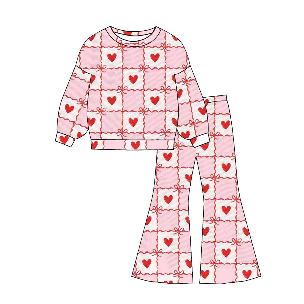MOQ 5 PCS Preorder GLP3232 Valentines Day Love Bows Wavy Plaid Pink Long Sleeve Pants Girls Sets 202511