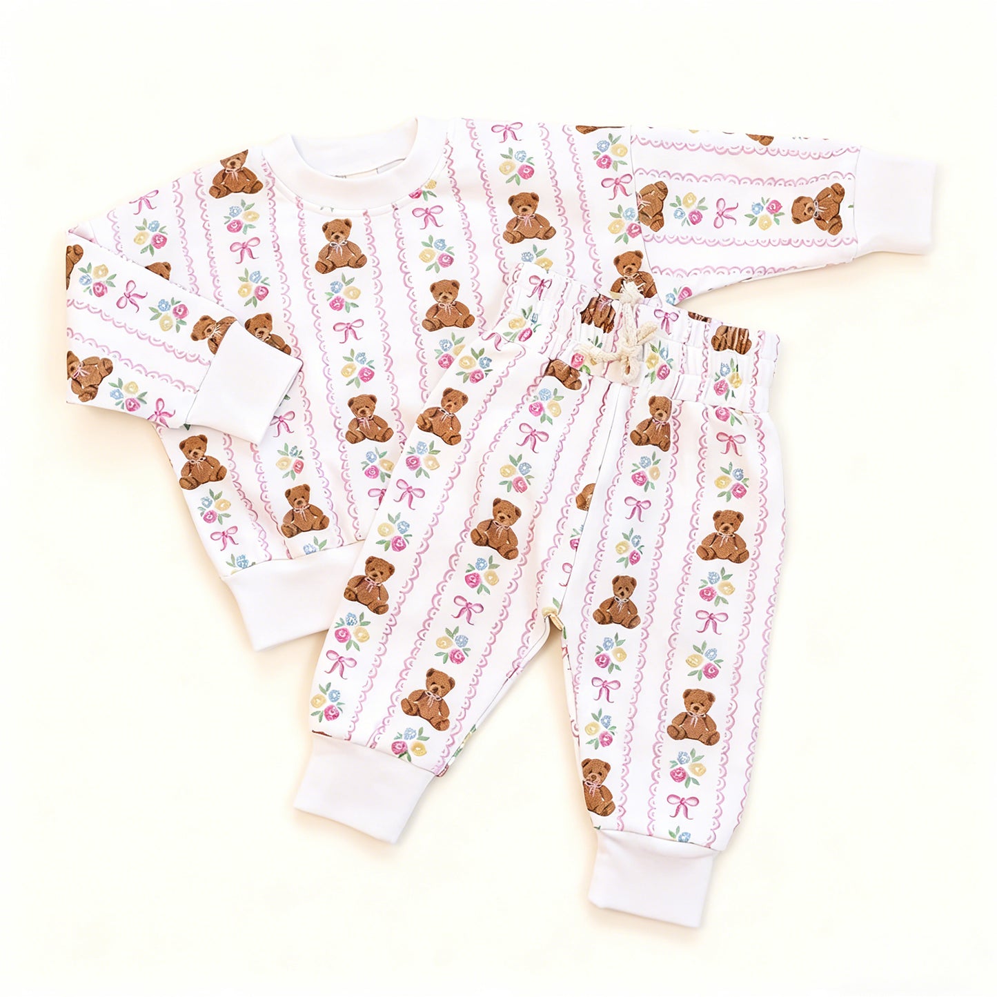 MOQ 5 PCS Preorder GLP3234 Valentines Day Flower Bows Bear White Long Sleeve Pants Girls Sets 202511