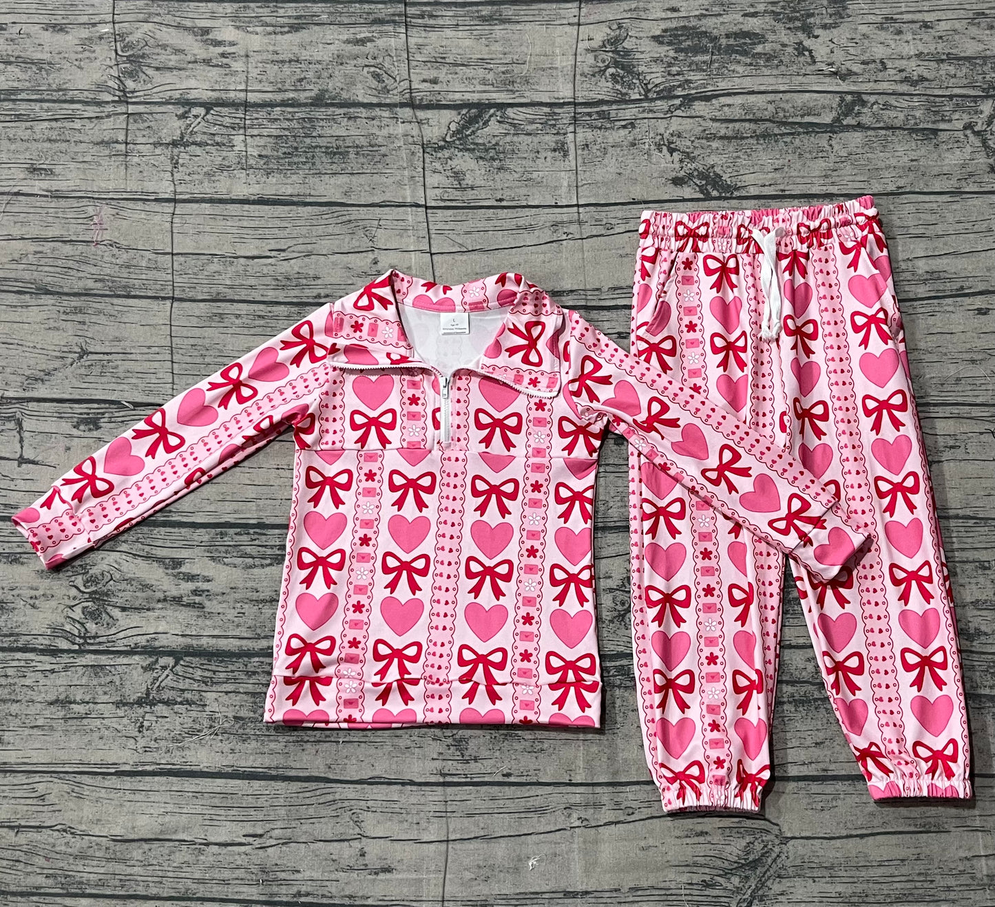 NO MOQ Preorder GLP3236 Valentines Day Love Bows Zip Collar Long Sleeve Pants Girls Sets 202512
