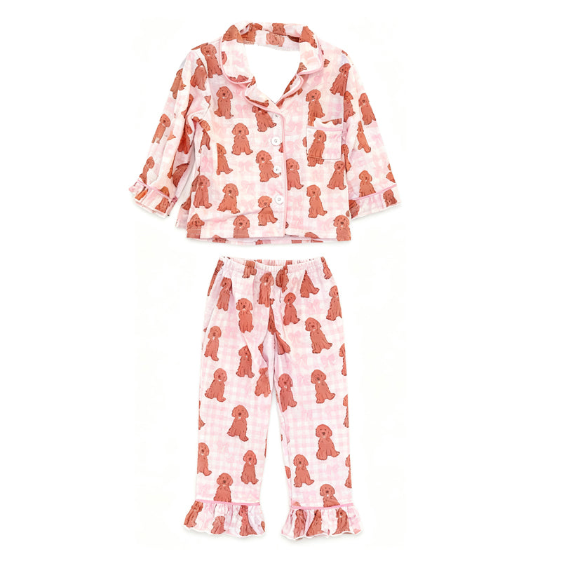 MOQ 5 PCS Preorder GLP3237 Puppy Pink Plaid Buttons Long Sleeve Pants Girls Pajama Set 202511