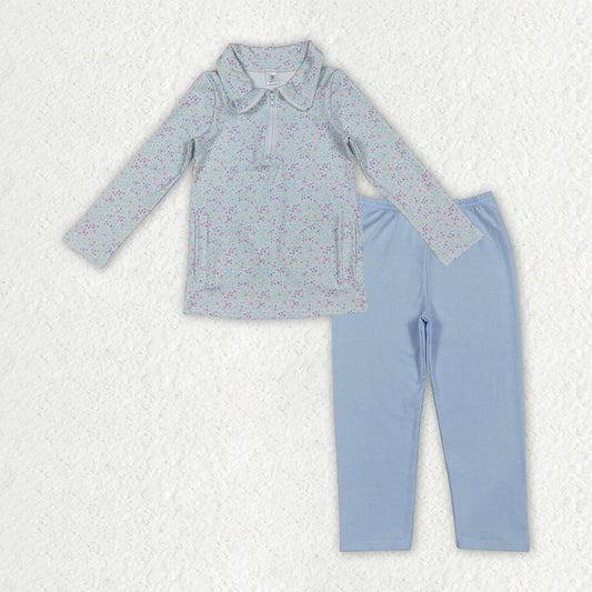 GLP3246 Floral Light Blue Zip Collar Long Sleeve Pants Girls Yoga Sets 202512 RTS