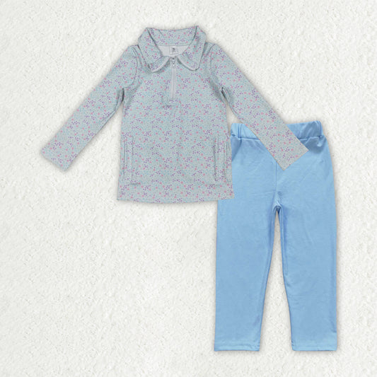 GLP3248 Floral Light Blue Zip Collar Long Sleeve Sky Blue Pants Girls Yoga Sets 202512 RTS