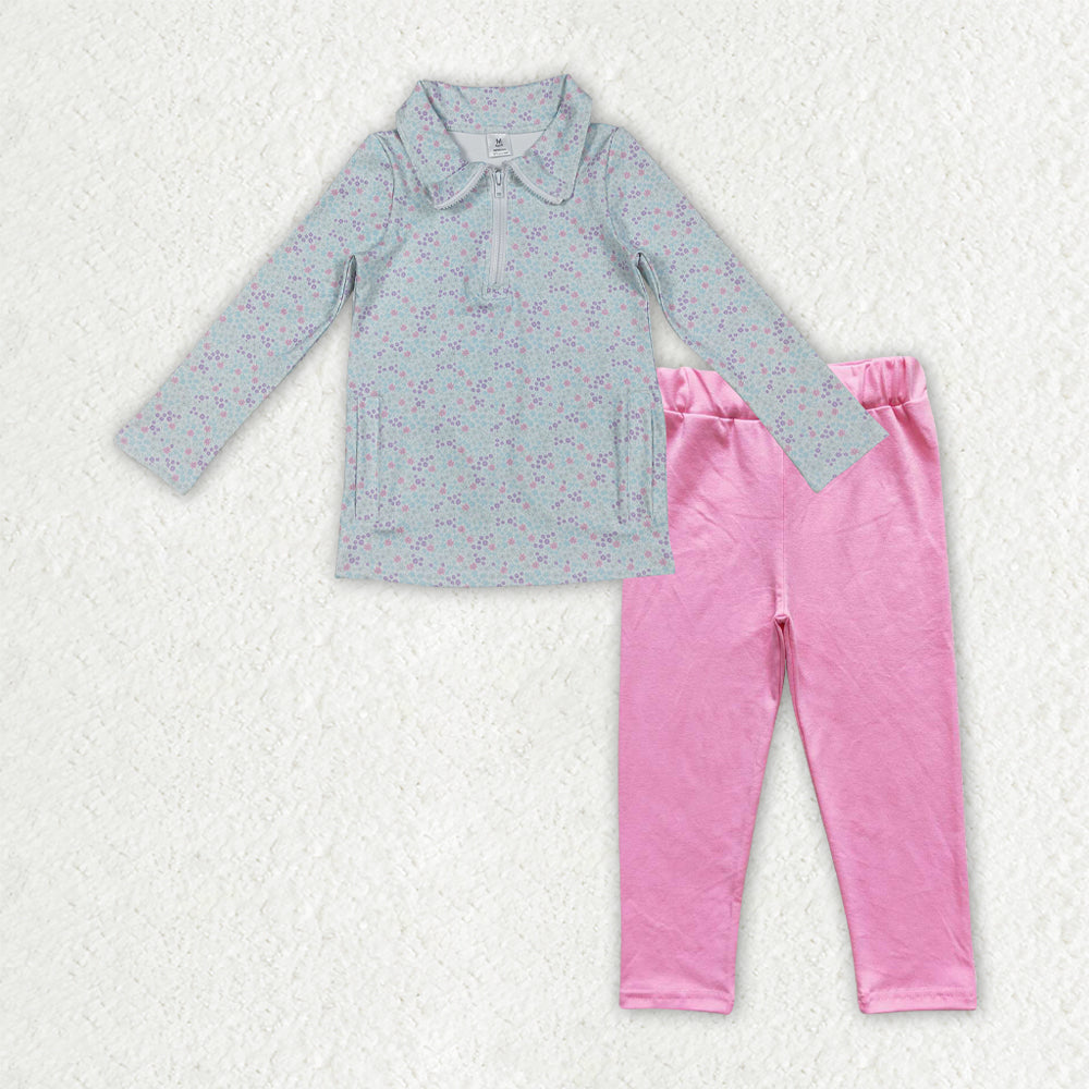 GLP3250 Floral Light Blue Zip Collar Long Sleeve Pink Pants Girls Yoga Sets 202512 RTS