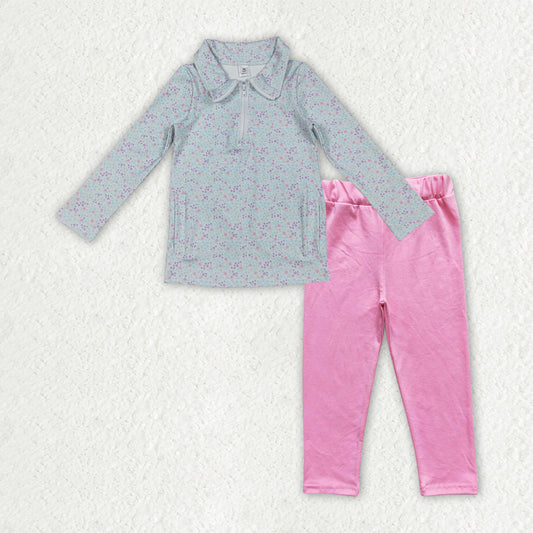 GLP3250 Floral Light Blue Zip Collar Long Sleeve Pink Pants Girls Yoga Sets 202512 RTS