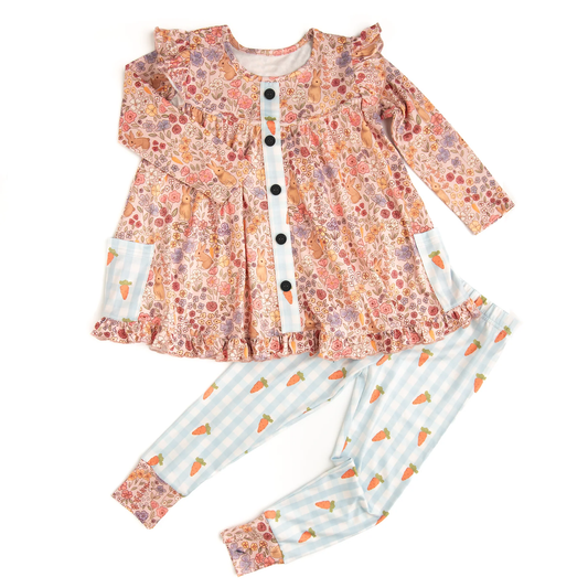 MOQ 5 PCS Preorder GLP3255 Easter Bunny Flower Carrots Orange Ruffle Long-Sleeved Pants Girls Sets 202512