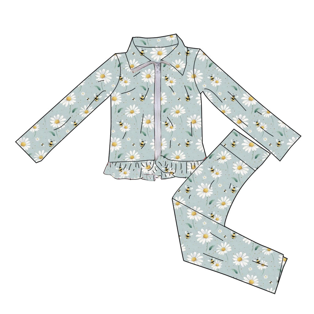 MOQ 5 PCS preorder GLP3256 Flower Bee Light Green Ruffle Zipper Long Sleeve Pants Girls Yoga Sets 202512