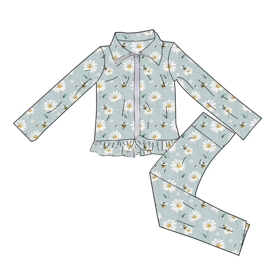MOQ 5 PCS preorder GLP3256 Flower Bee Light Green Ruffle Zipper Long Sleeve Pants Girls Yoga Sets 202512