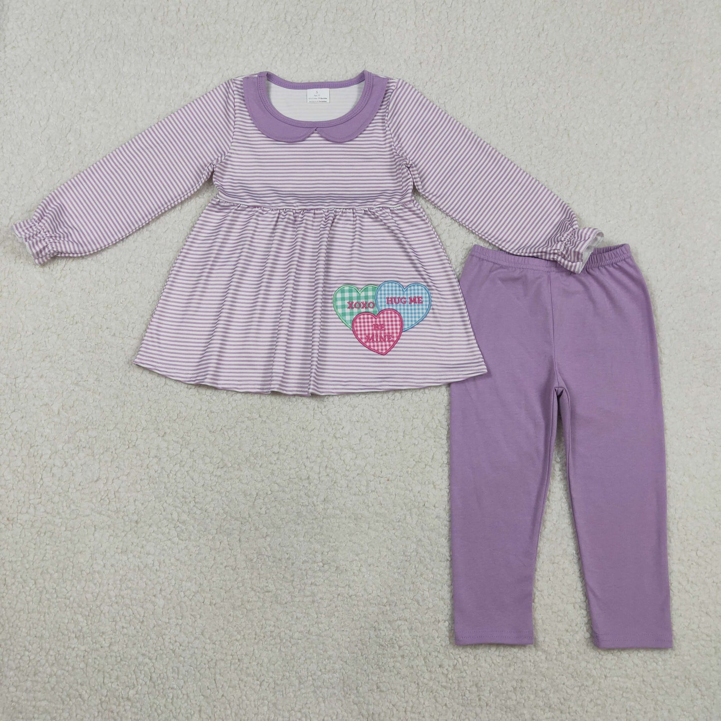 GLP3262 Embroidered Valentines Day Love Doll Collar Purple Stripe Long-Sleeved Pants Girls Sets 202601 RTS
