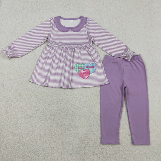 GLP3262 Embroidered Valentines Day Love Doll Collar Purple Stripe Long-Sleeved Pants Girls Sets 202601 RTS