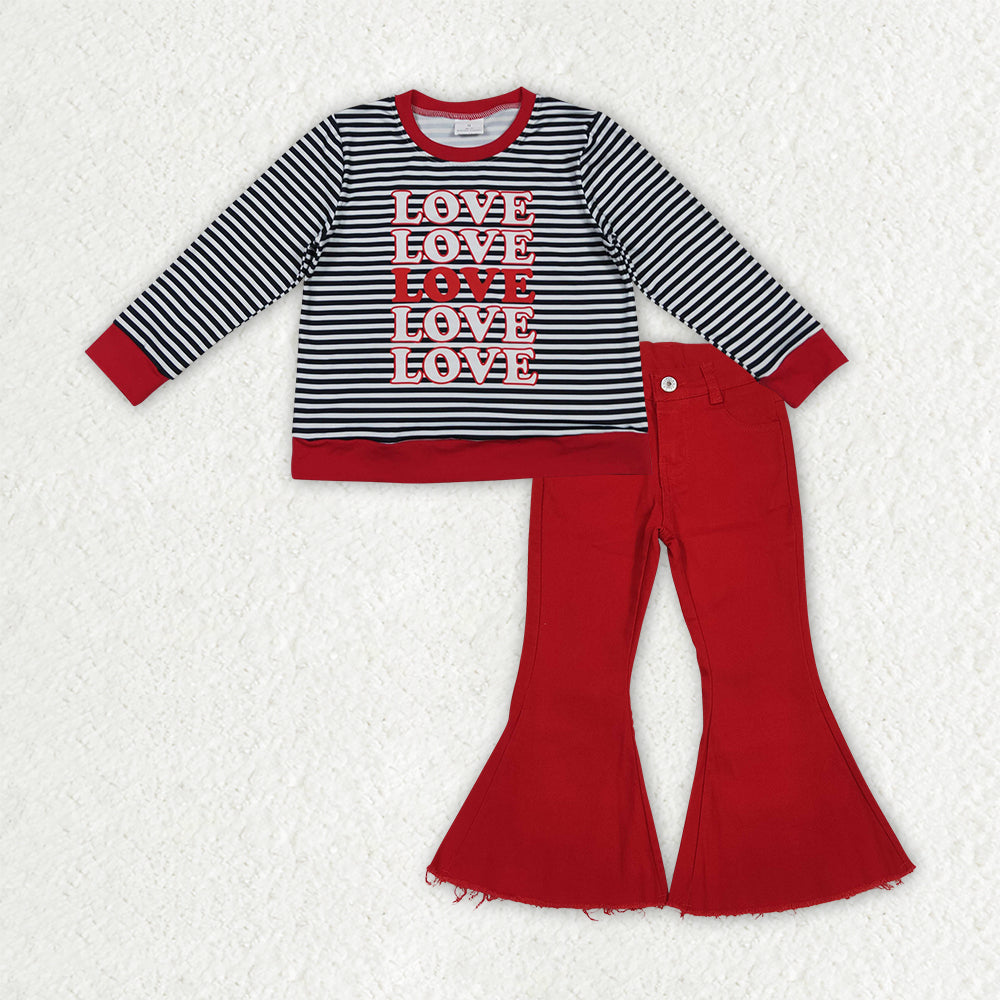 GLP3263 Valentines Day Love Black Stripe Long Sleeve Red Denim Bell Bottom Pants Girls Sets 202512 RTS