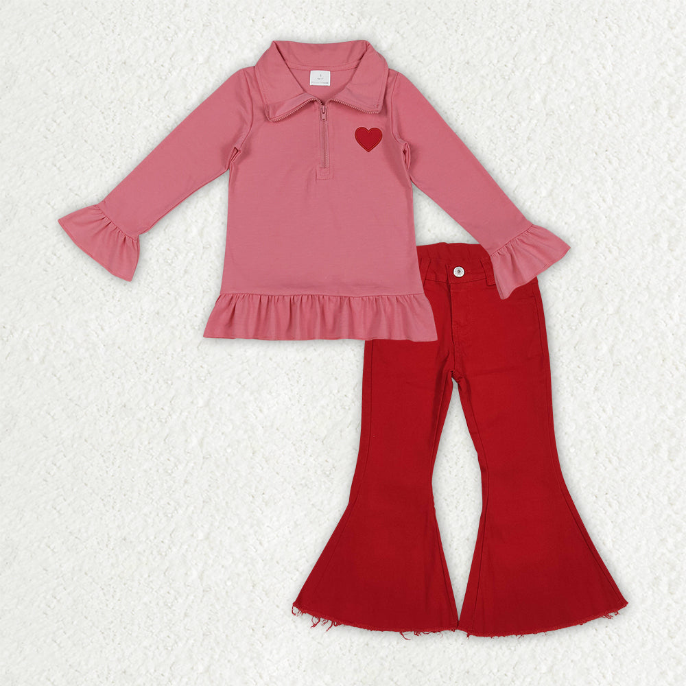 GLP3265 Valentines Day Red Ruffle Zip Collar Long Sleeve Red Denim Bell Bottom Pants Girls Sets 202512 RTS
