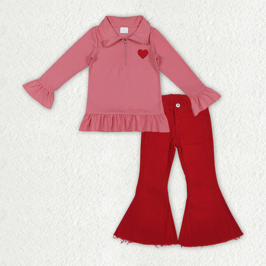 GLP3265 Valentines Day Red Ruffle Zip Collar Long Sleeve Red Denim Bell Bottom Pants Girls Sets 202512 RTS