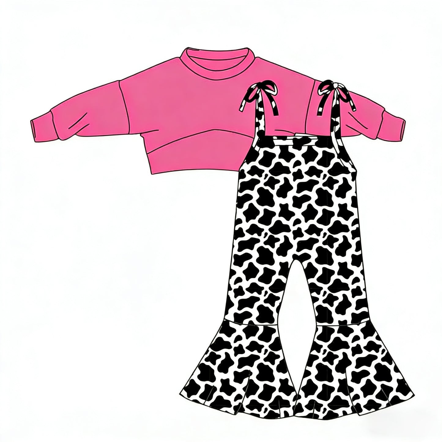 MOQ 5 PCS Preorder GLP3270 Solid Rose Red Short in the Front and Long in the Back Shirts with Cow Print Overalls Jumpsuits Girls Sets 202512
