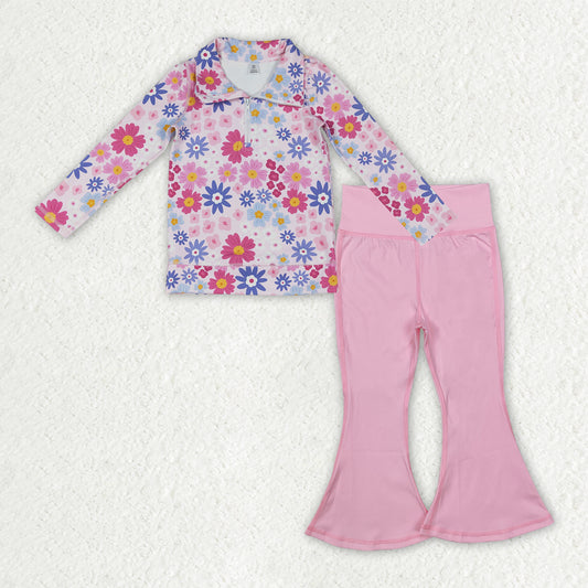GLP3273 Flower Zipper Collar Long Sleeve Pink Bell Bottom Pants Girls Yoga Sets 202512 RTS