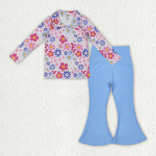 GLP3274 Flower Zipper Collar Long Sleeve Blue Bell Bottom Pants Girls Yoga Sets 202512 RTS