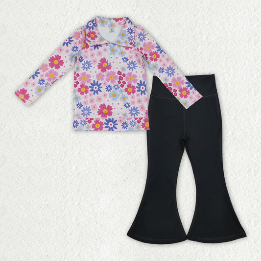 GLP3275 Flower Zipper Collar Long Sleeve Black Bell Bottom Pants Girls Yoga Sets 202512 RTS