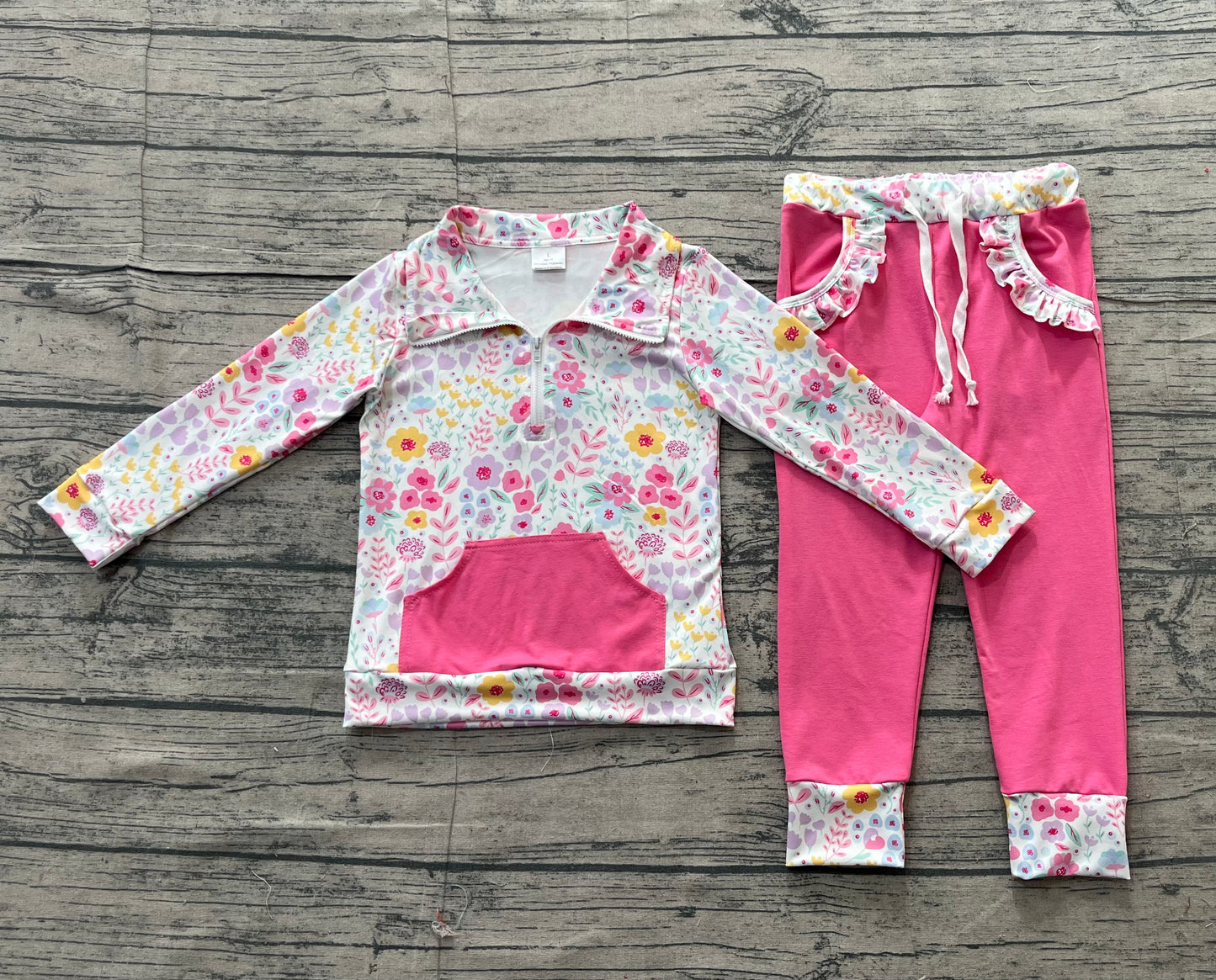 NO MOQ Preorder GLP3277 Flower Rose Red Pocket Zip Collar Long Sleeve Pants Girls Sets 202512