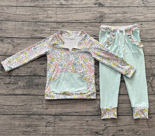 NO MOQ Preorder GLP3278 Flower Leaf Light Green Pocket Zip Collar Long Sleeve Pants Girls Sets 202512