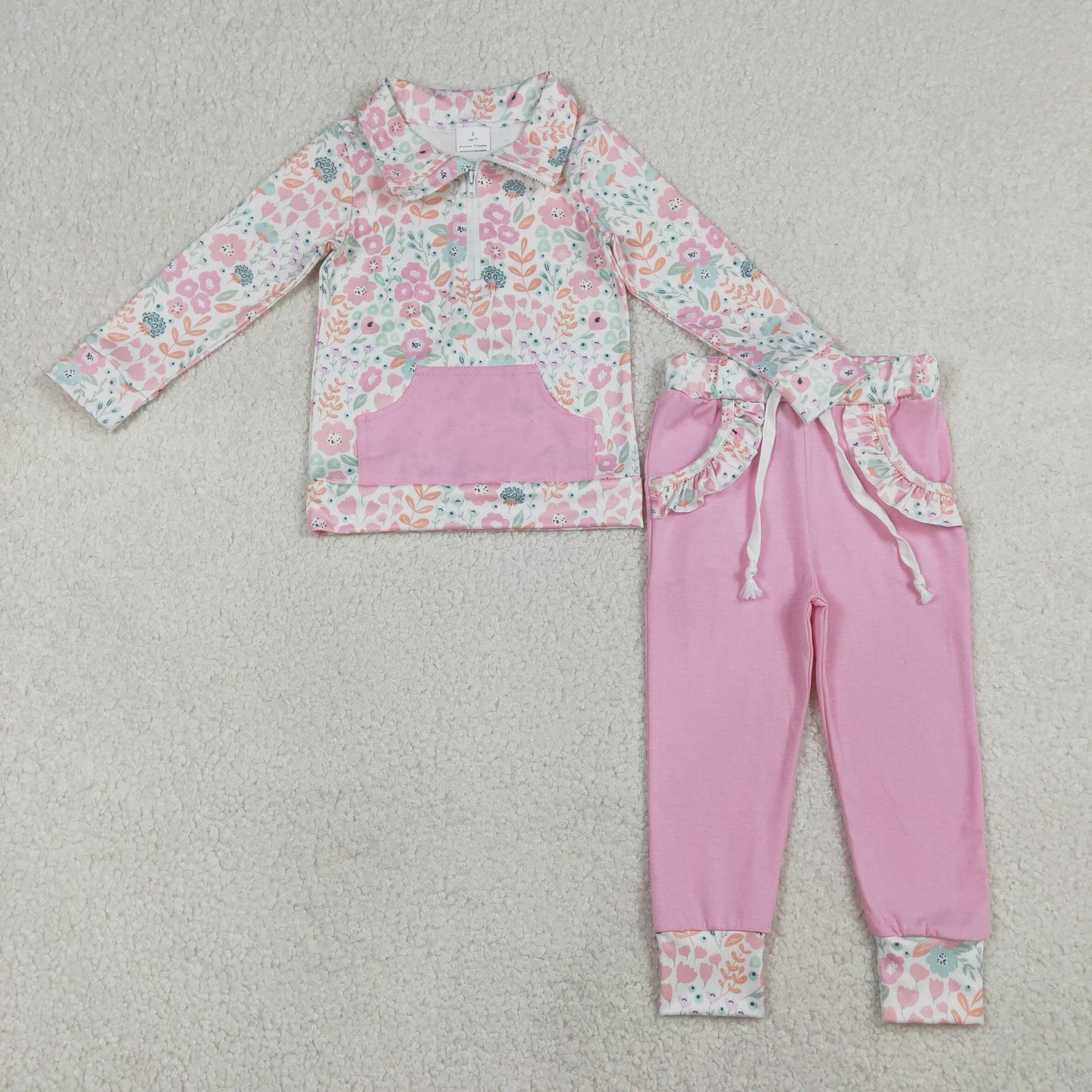 GLP3279 Flower Leaf Light Pink Pocket Zip Collar Long Sleeve Pants Girls Sets 202601 RTS
