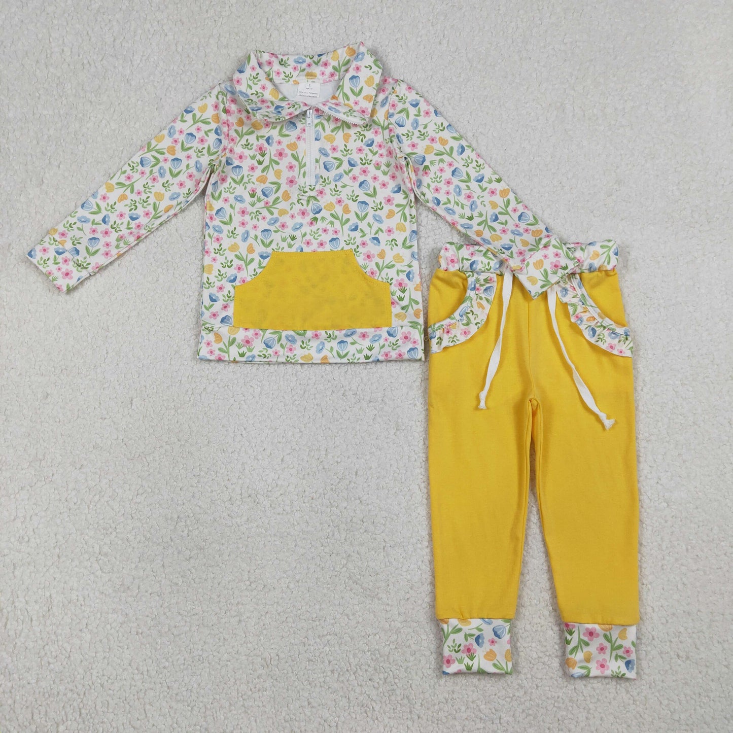 GLP3280 Flower Leaf Yellow Pocket Zip Collar Long Sleeve Pants Girls Sets 202601 RTS