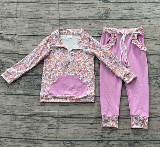 NO MOQ Preorder GLP3281 Flower Light Purple Pocket Zip Collar Long Sleeve Pants Girls Sets 202512