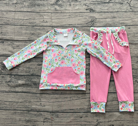 NO MOQ Preorder GLP3282 Flower Leaf Pink Pocket Zip Collar Long Sleeve Pants Girls Sets 202512