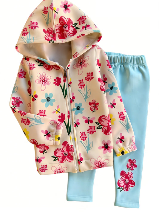MOQ 5 PCS Preorder GLP3284 Flower Butterflies Zip Hooded Long Sleeve Blue Pants Girls Sets 202512