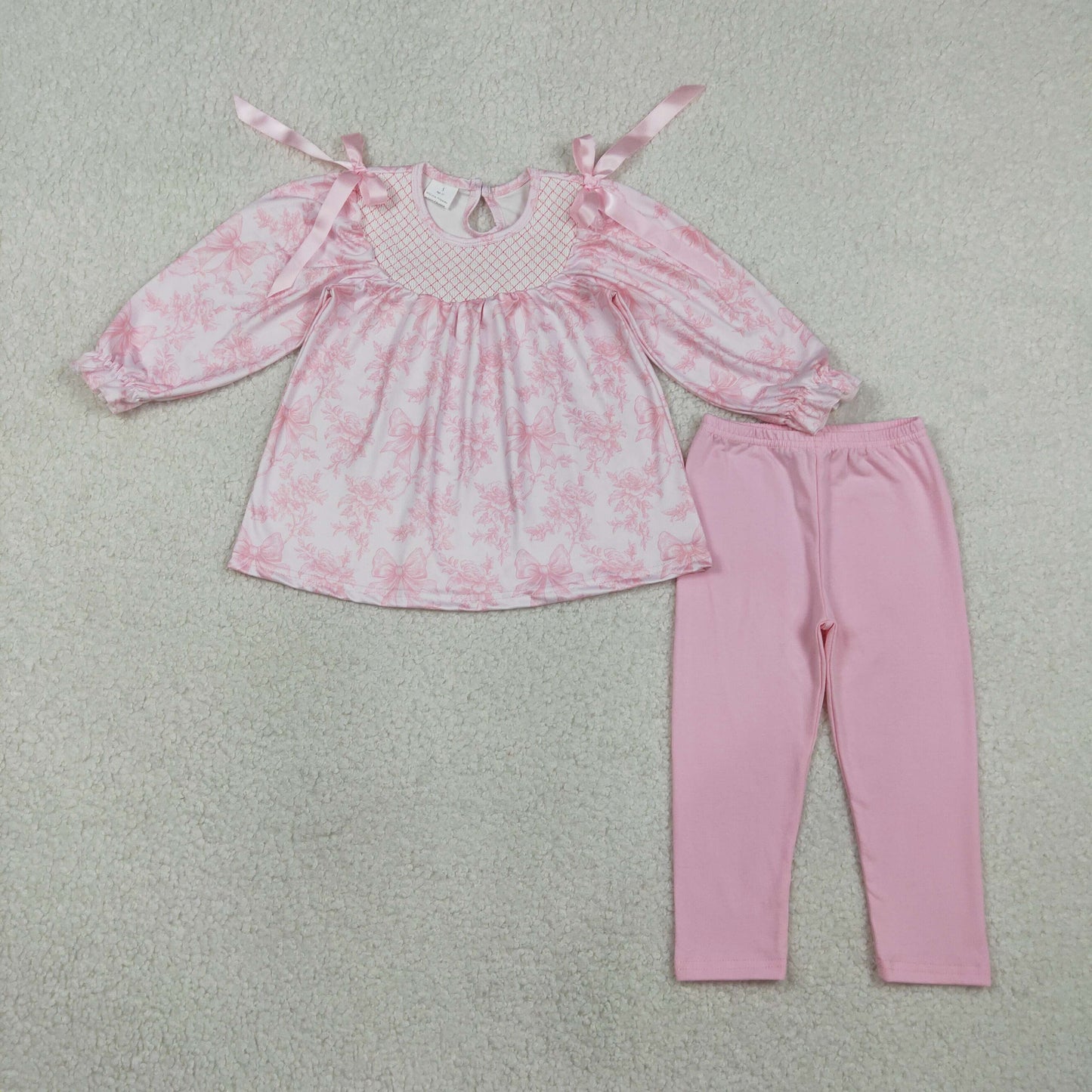 GLP3285 Smocked Flower Bow Pink Long Sleeve Pants Girls Sets 202602 RTS