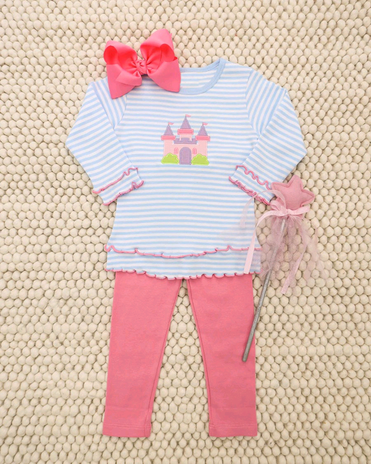 MOQ 5 PCS Preorder GLP3286 Castle Blue Stripe Long Sleeve Pink Pants Girls Sets 202512
