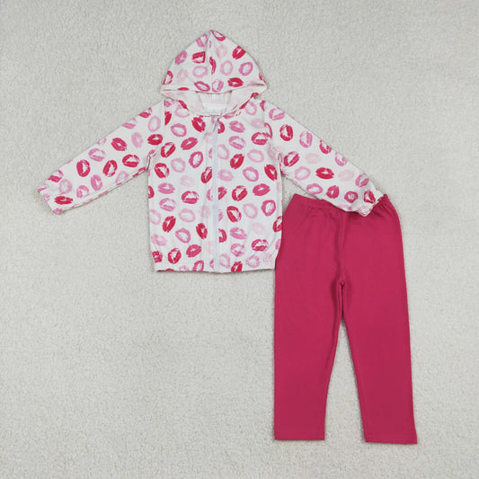 GLP3287 2 PCS Outfits Valentines Day Lipstick Pattern Hooded Zip Top with Rose Red Leggings Pants Girls Sets 202512 RTS