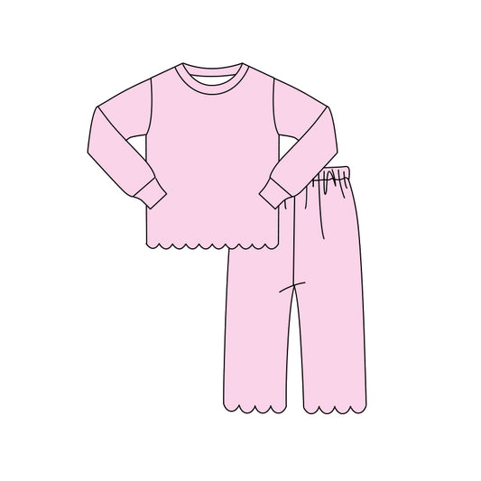 MOQ 30 PCS Preorder GLP3291 Solid Pink Wave Ruffle Long Sleeve Pants Girls Sets 202604