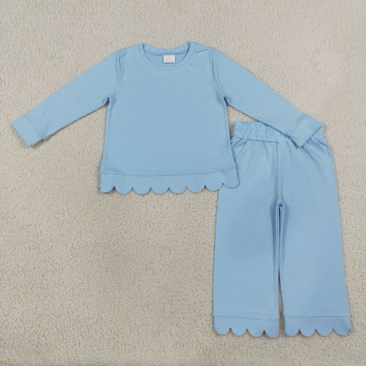 RTS GLP3292 kids girl clothes cotton blue girl winter outfit pants set scalloped outfit