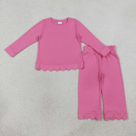 GLP3294 Solid Rose Red Wave Ruffle Long Sleeve Pants Girls Sets 202608 RTS