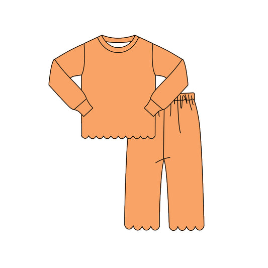 MOQ 30 PCS Preorder GLP3295 Solid Orange Wave Ruffle Long Sleeve Pants Girls Sets 202604