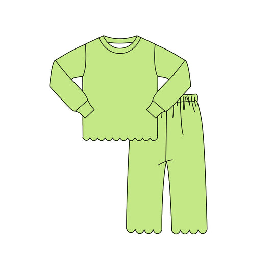 MOQ 30 PCS Preorder GLP3296 Solid Green Wave Ruffle Long Sleeve Pants Girls Sets 202604