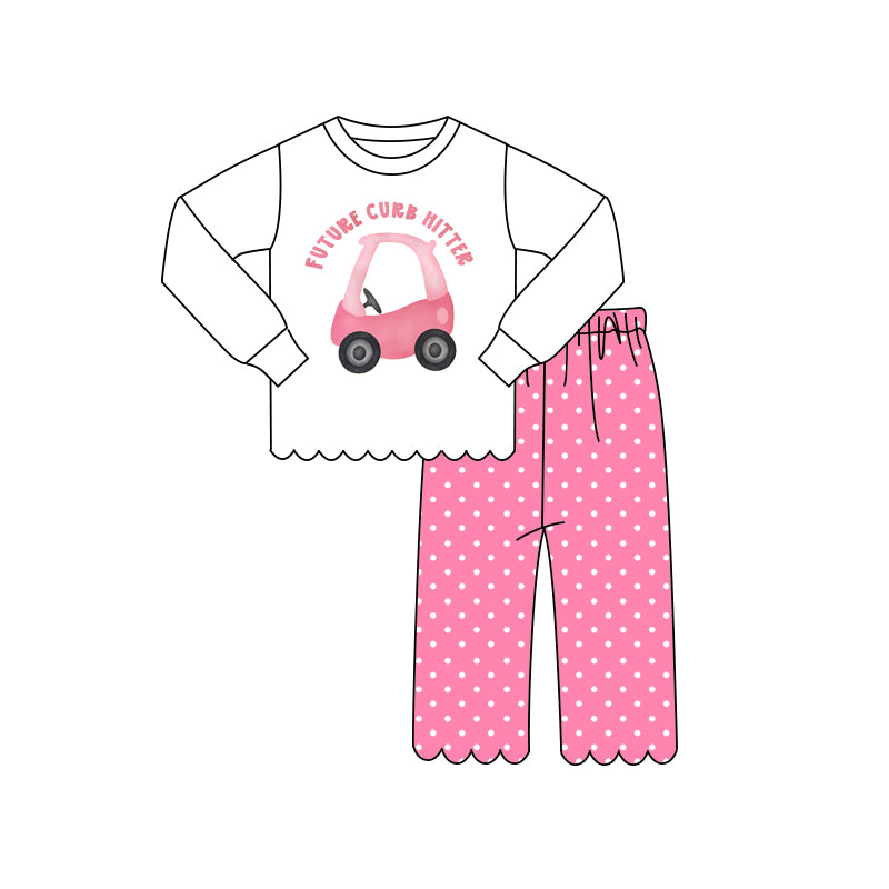 MOQ 30 PCS Preorder GLP3304 Future Letter Car White Wave Ruffle Long Sleeve Dots Pink Pants Girls Sets 202604