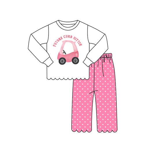 MOQ 30 PCS Preorder GLP3304 Future Letter Car White Wave Ruffle Long Sleeve Dots Pink Pants Girls Sets 202604