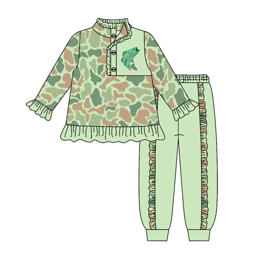 MOQ 5 PCS Preorder GLP3305 Fish Pattern Green Camouflage Ruffle Buttons Collar Long Sleeve Pants Girls Sets 202604