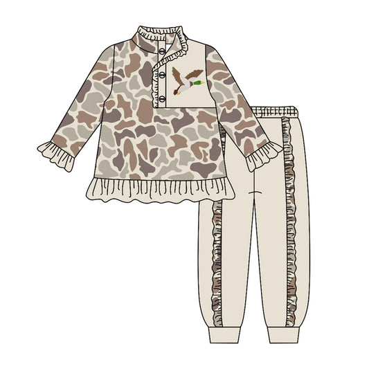 MOQ 5 PCS Preorder GLP3306 Duck Pattern Beige Brown Camouflage Ruffle Buttons Collar Long Sleeve Pants Girls Sets 202604